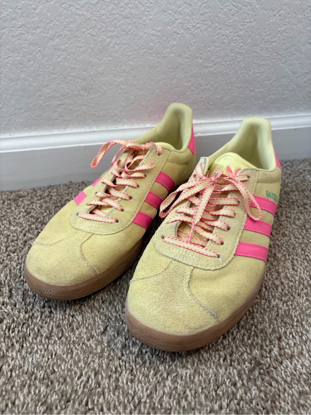 adidas Women's Yellow Suede Sneakers with Pink Stripes